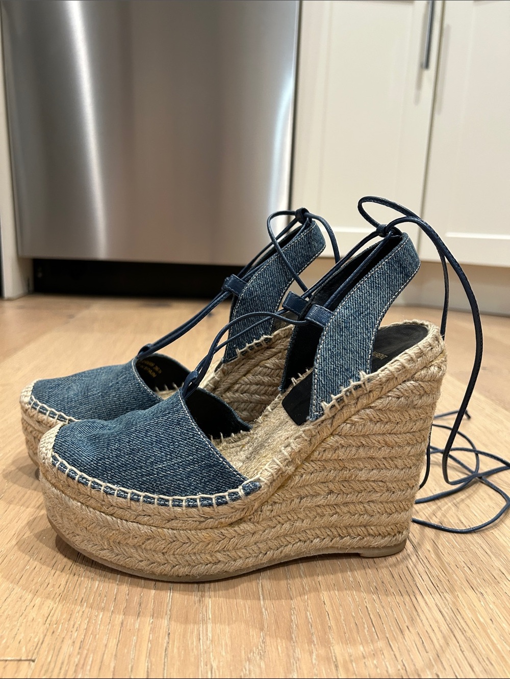 Saint Laurent Denim Espadrille Wedges in Blue with Jute Platform